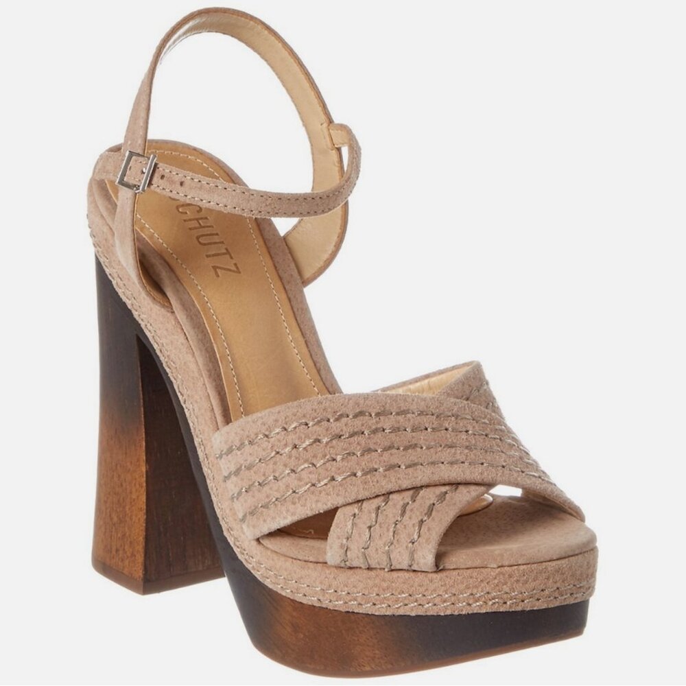 Schutz Edma Natural Platform Sandals Wood Block Heel